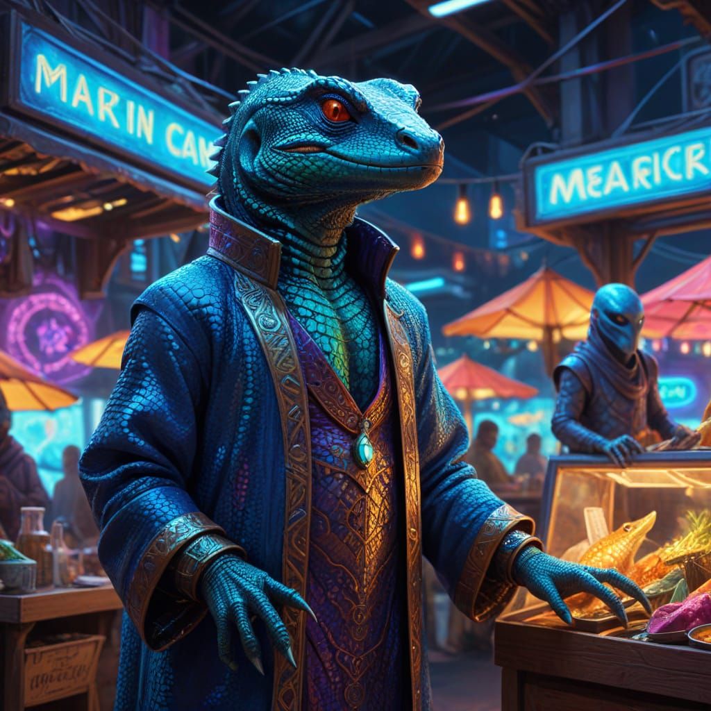 Monitor Lizard merchant, dressed in a sci-fi robe, standing in a vendor's booth