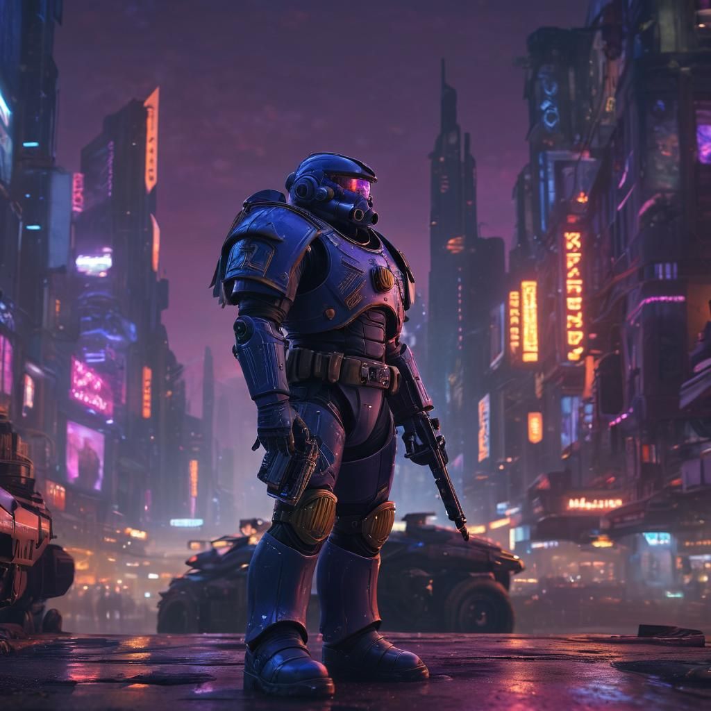 Space Marine Over Cyberpunk Cityscape