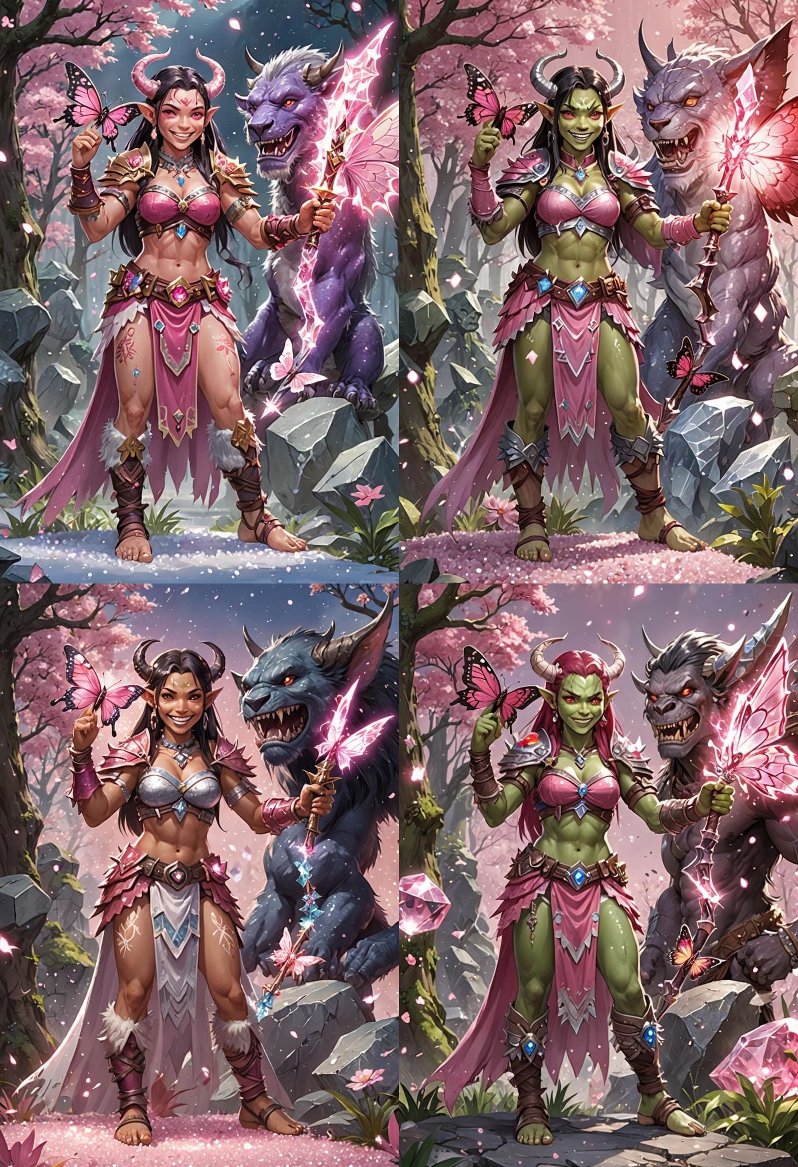 Feytouched Pink Half-Orc Barbarian with Crystal Weapon