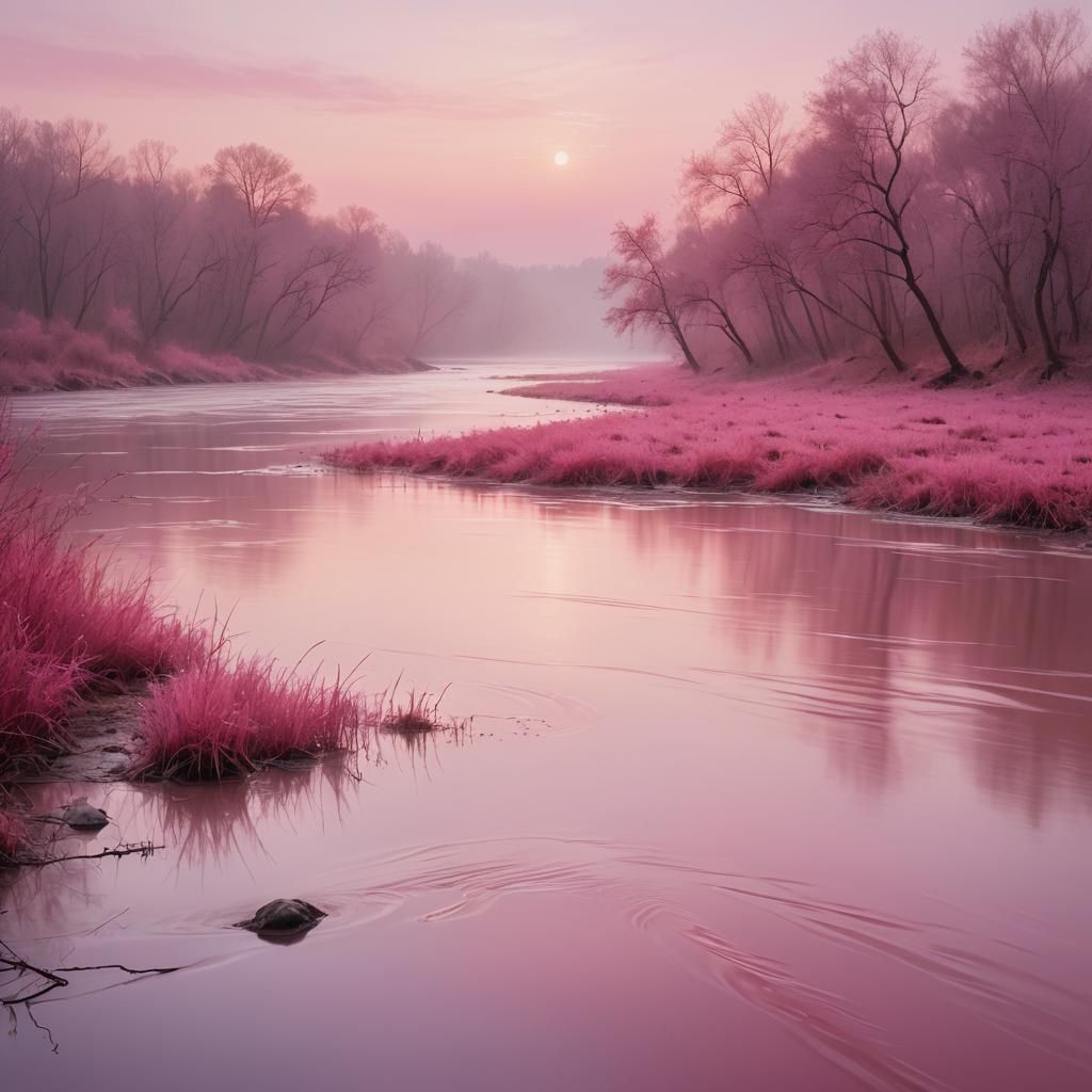 Pink River Dreamscape in Impressionist Style