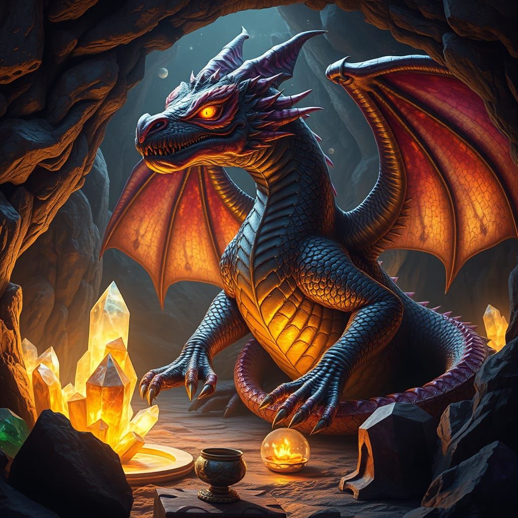 Dragon in Crystal Cave: Dark Fantasy Concept Art