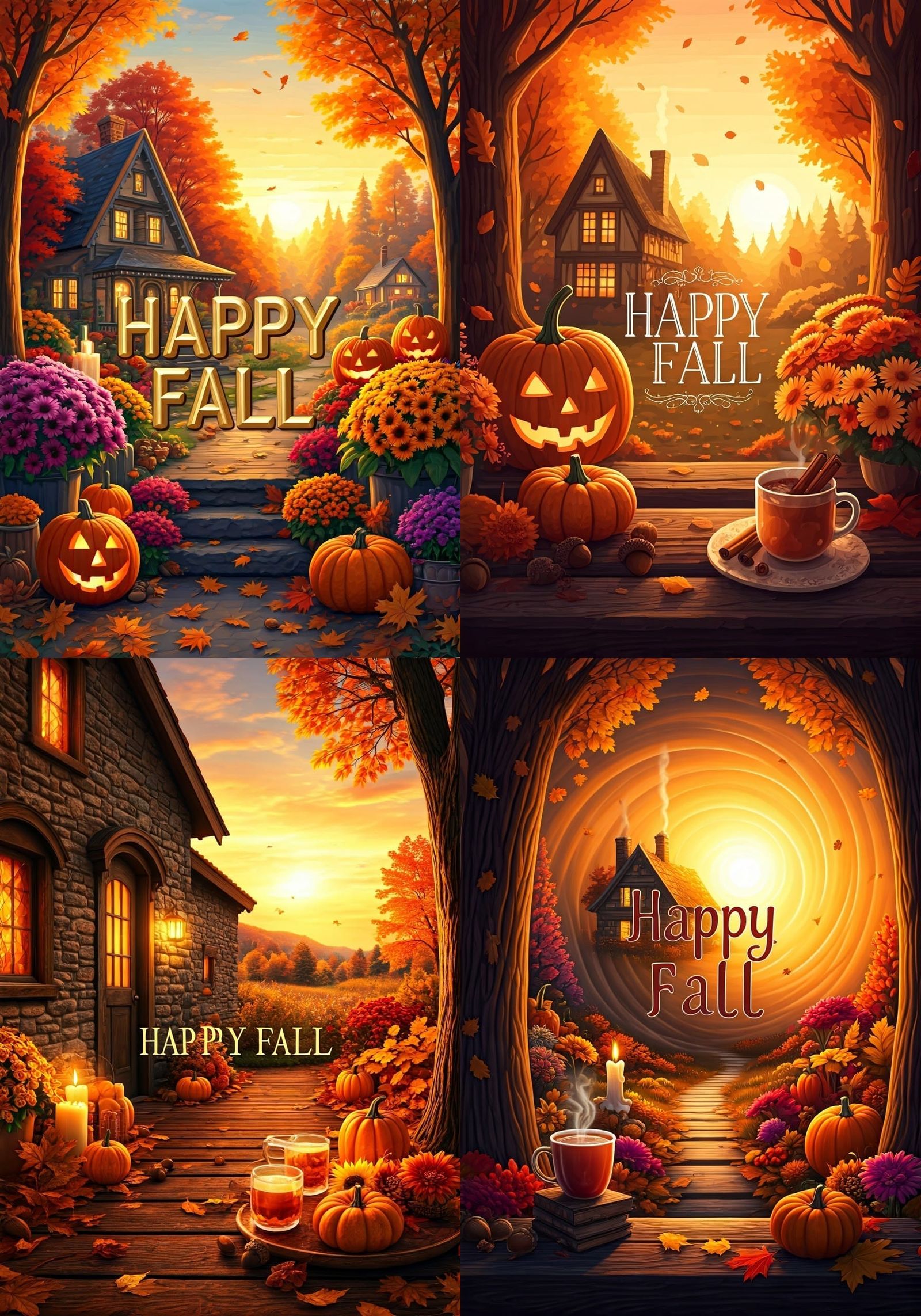 Autumn Greeting Card with Golden Leaves and Pumpkins