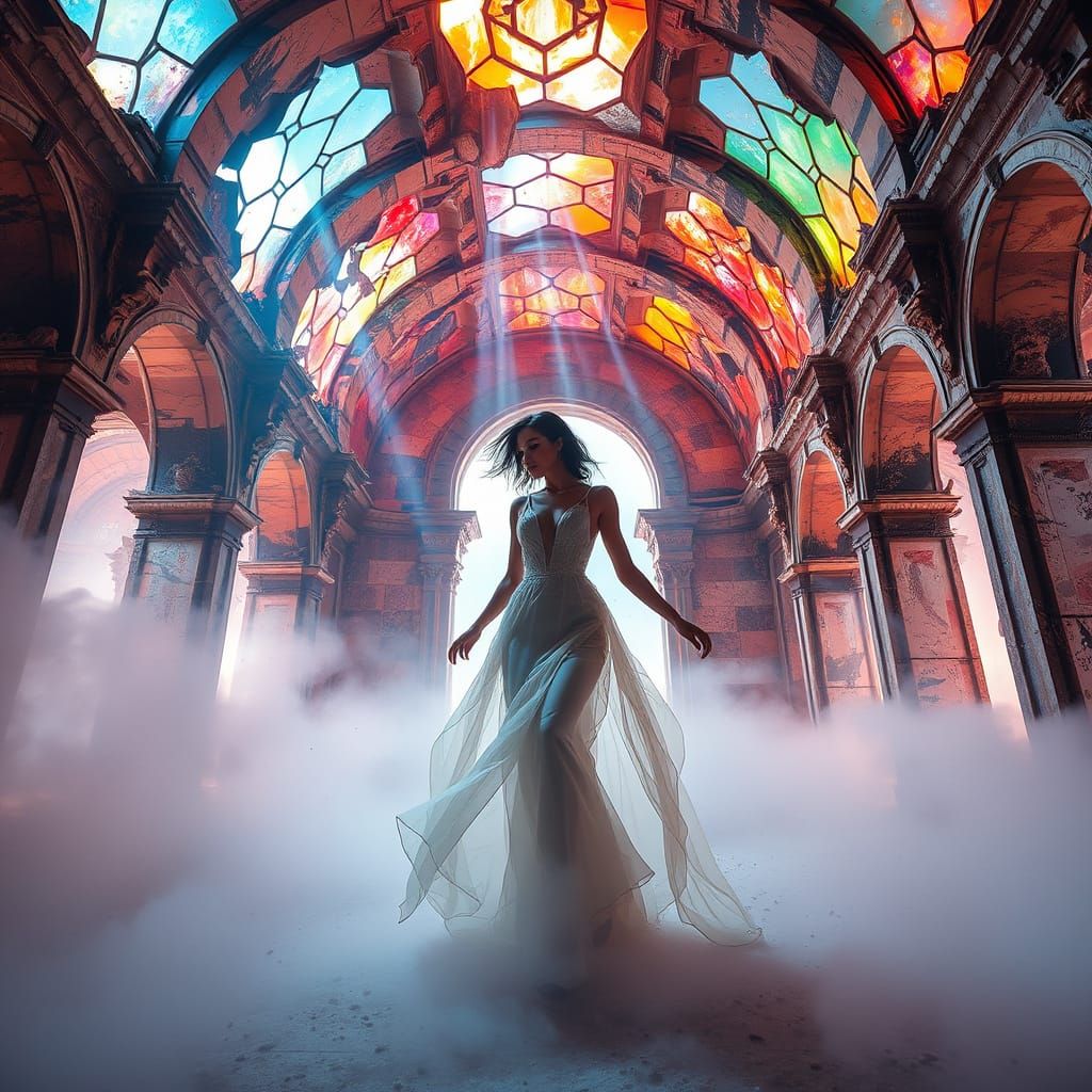 Woman in Crumbling Sanctum: Magical Realism Fantasy