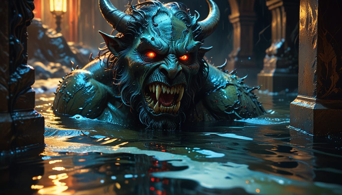 Eerie Demon Lurking in Watercolor Art Nouveau Style