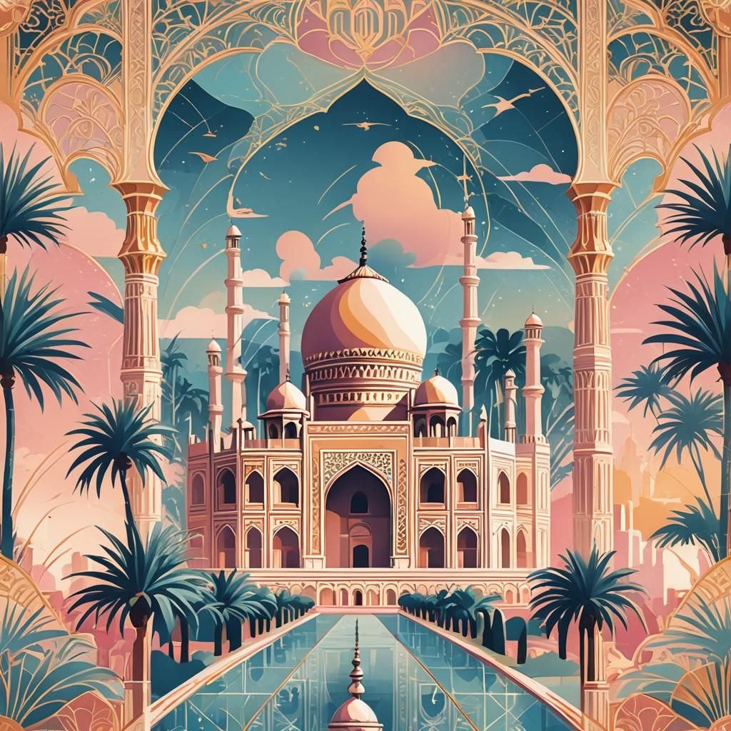 Art Deco Taj Mahal Sunset Travel Poster