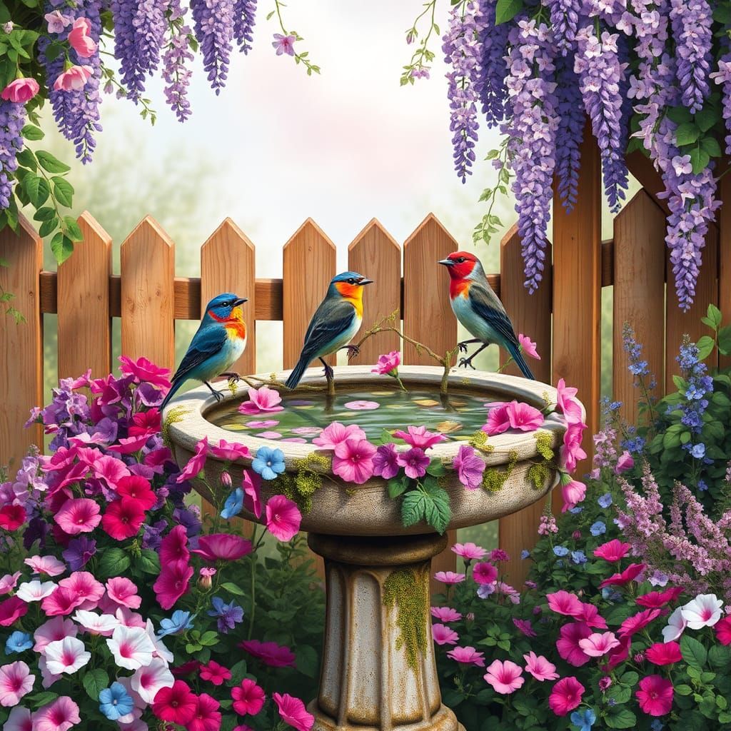 Enchanted Birdbath in Lush Flower Garden Scene