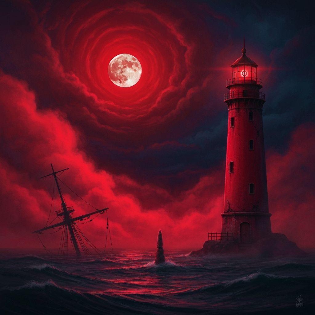 Red Lighthouse Under Blood Moon in Dark Fantasy Style