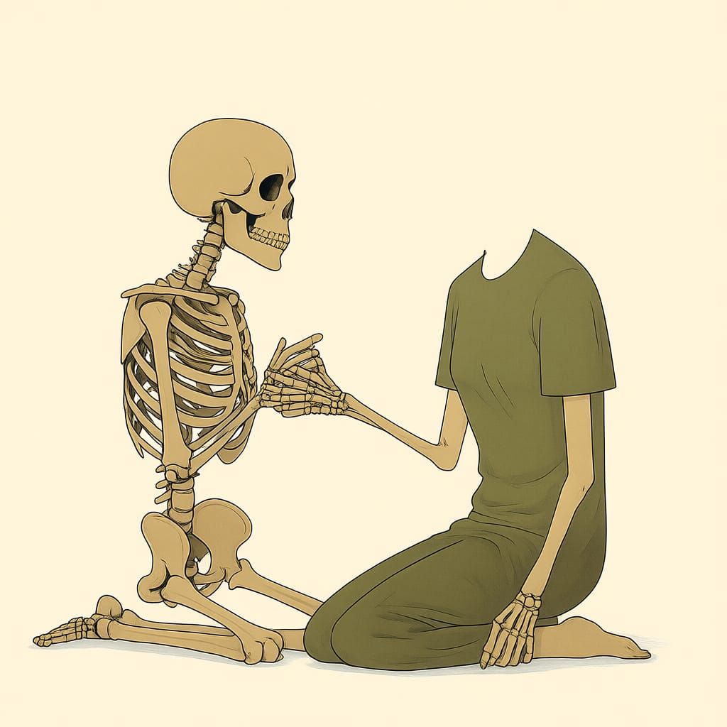 Skeleton Shooting Itself, Flowers Emerge from Wound