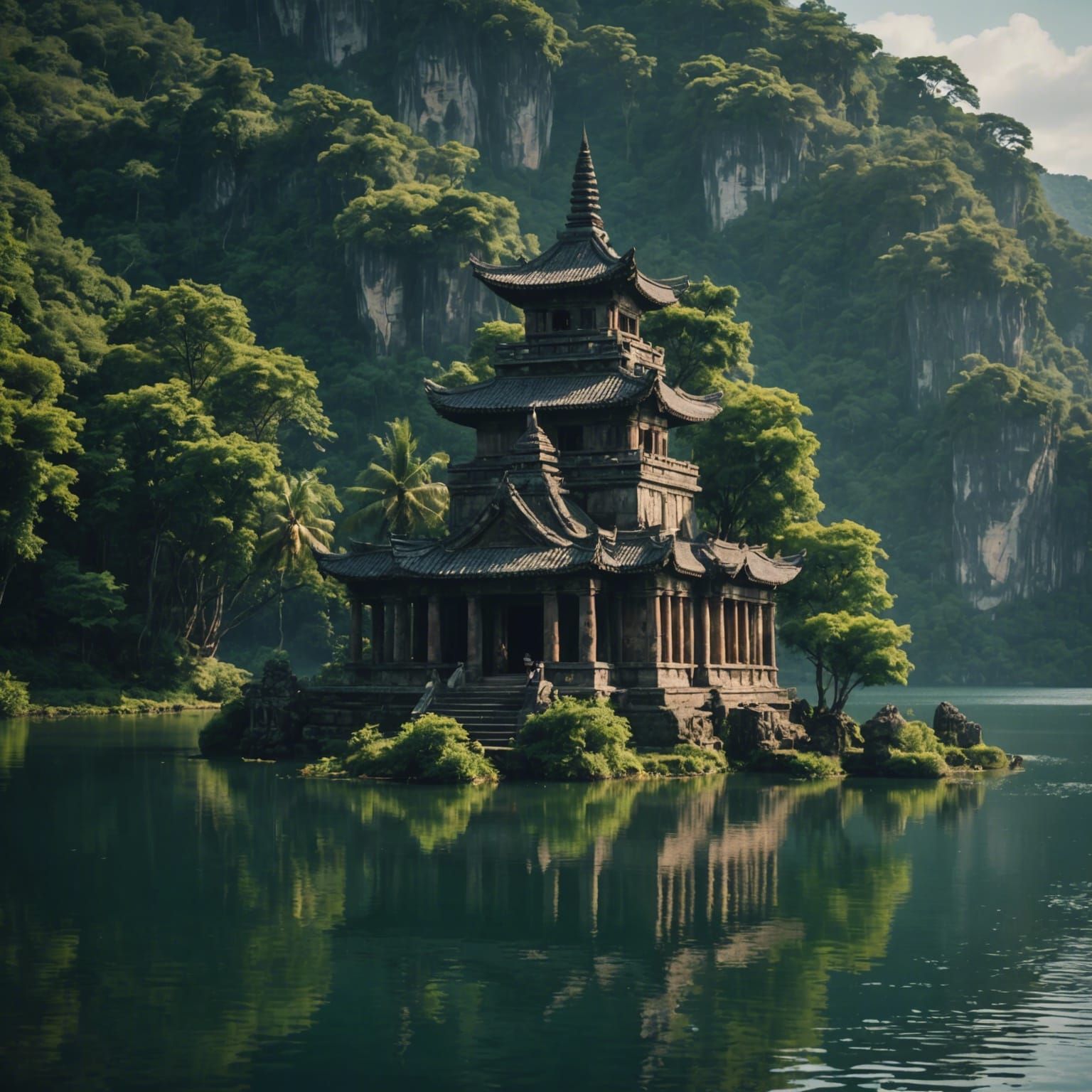 Ancient Temple on Island in Lake: Cinematic Still