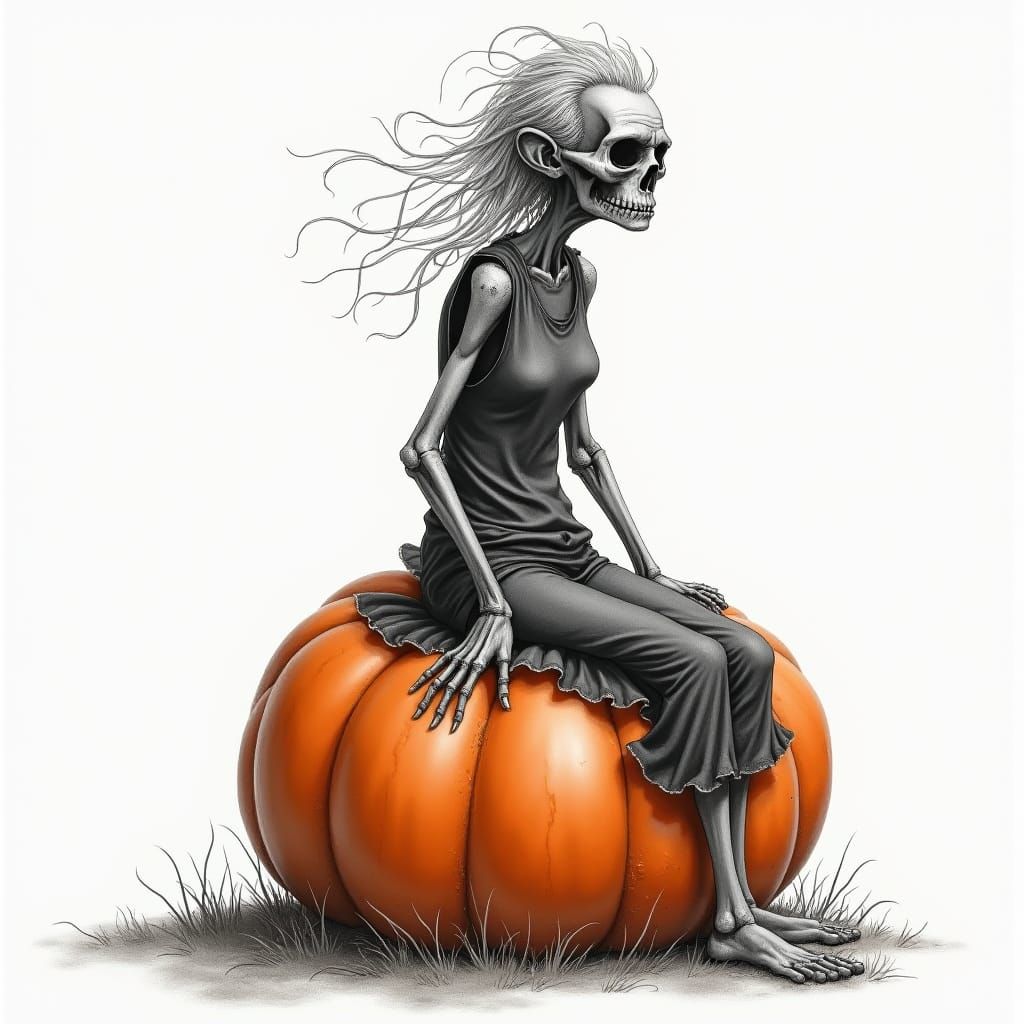 Old Woman on Pumpkin Drawing in Grayscale