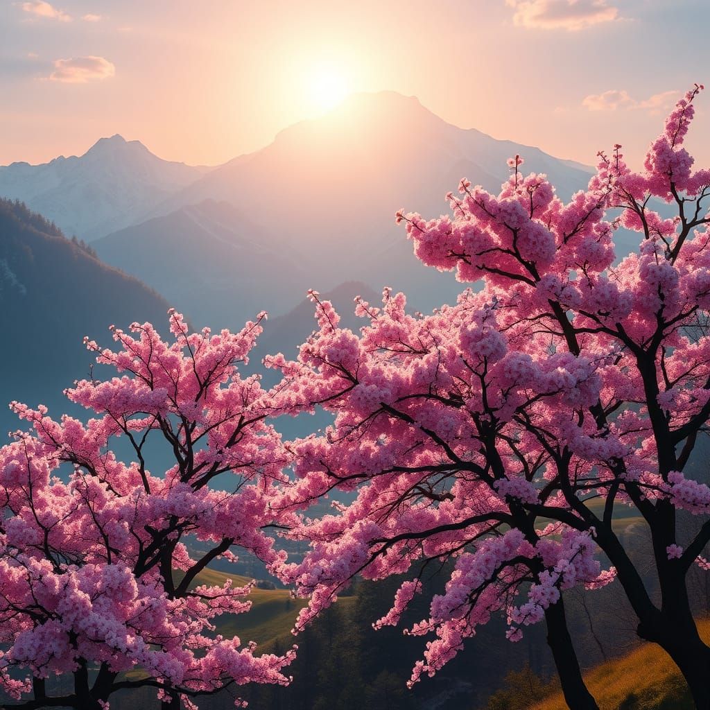 Sakura Trees and Mountains at Sunrise Painterly Style