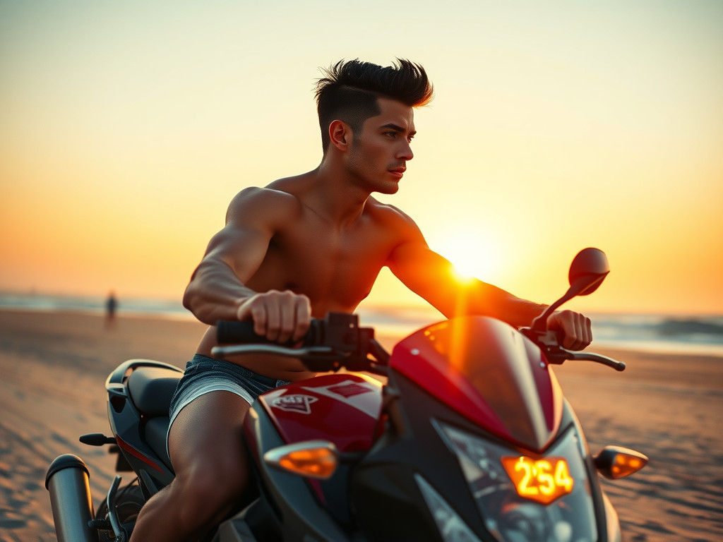 Athletic Man Rides Motorbike on Beach at Sunset