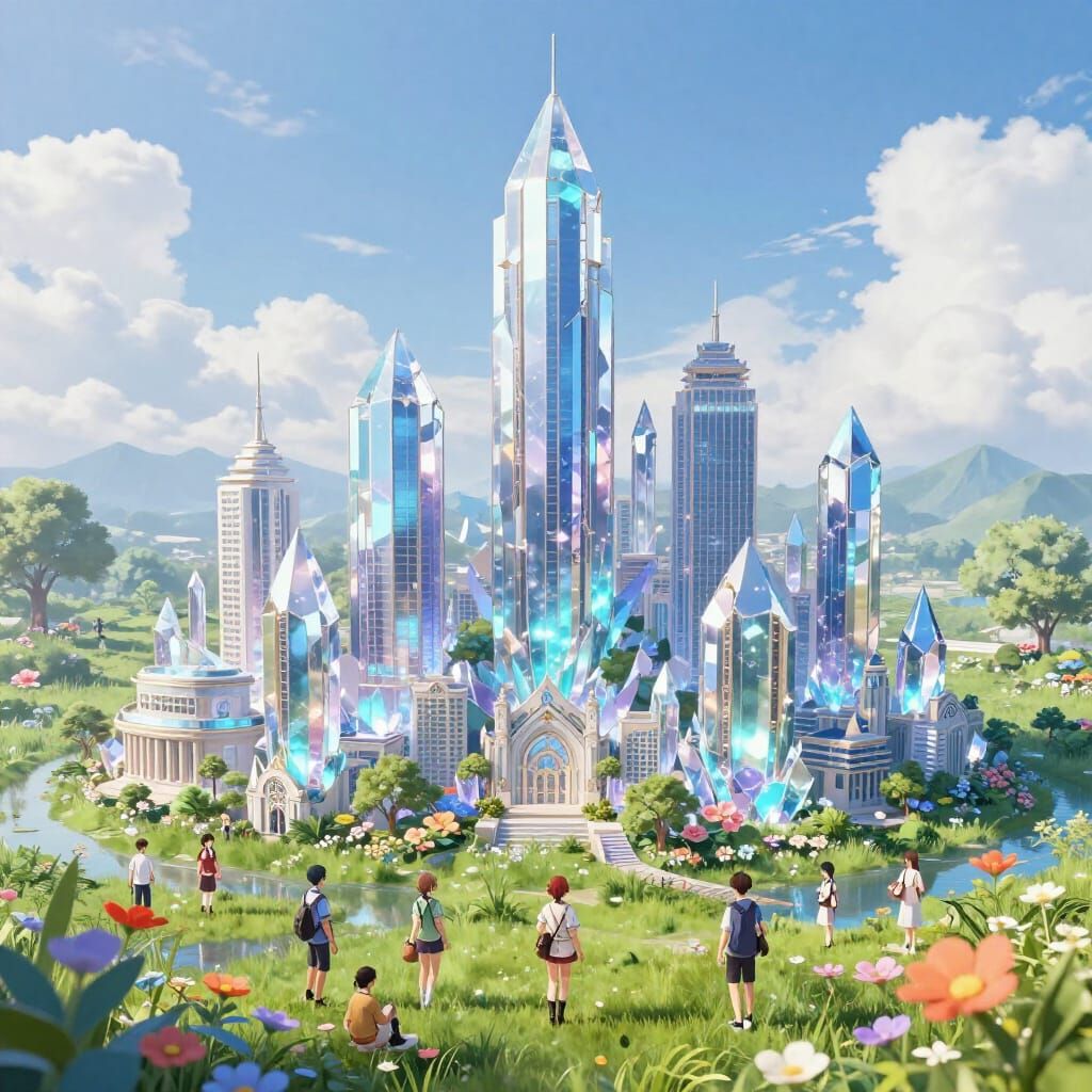 Breathtaking Crystal Cityscape in 3D Anime Style