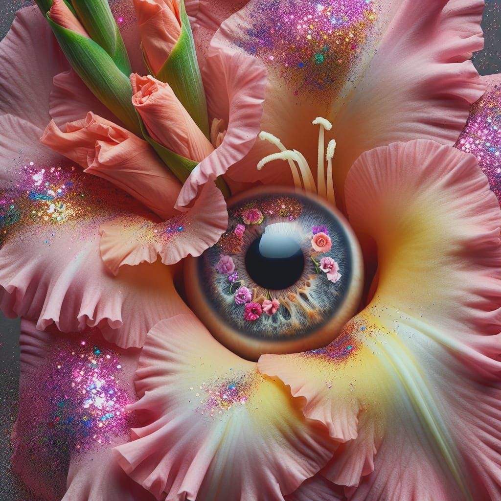Eye Emerges from Glittering Gladiolus Flower