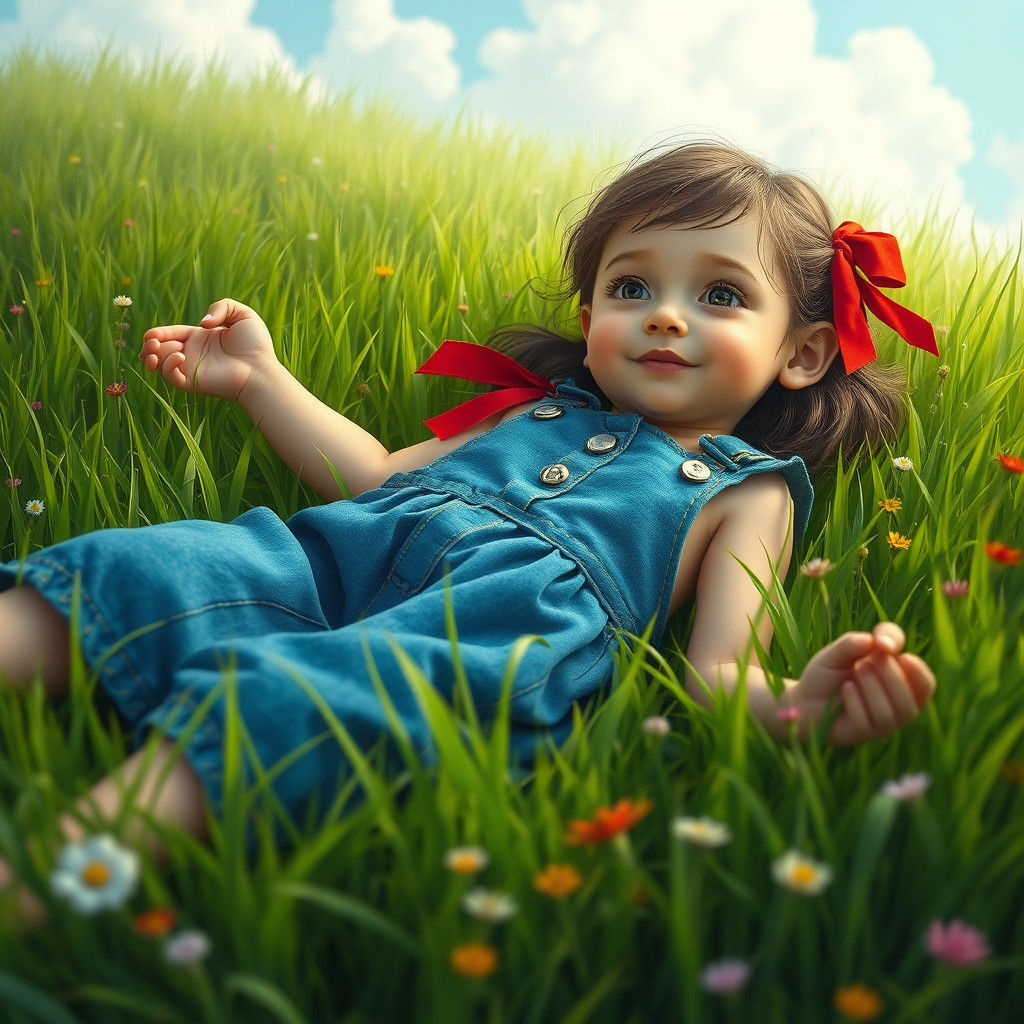 Girl in Blue Dress in Grassy Meadow