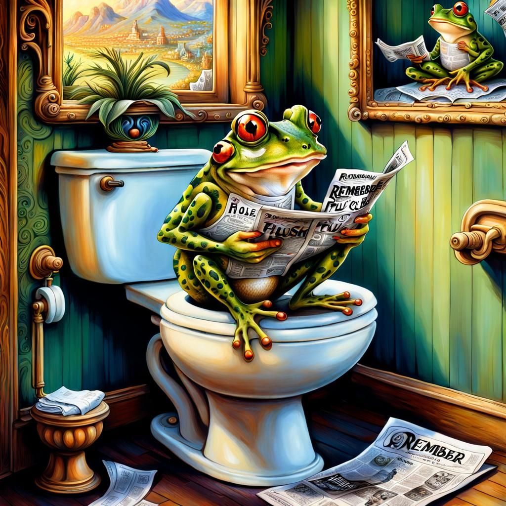 Cute Frog Reads Newspaper on Toilet