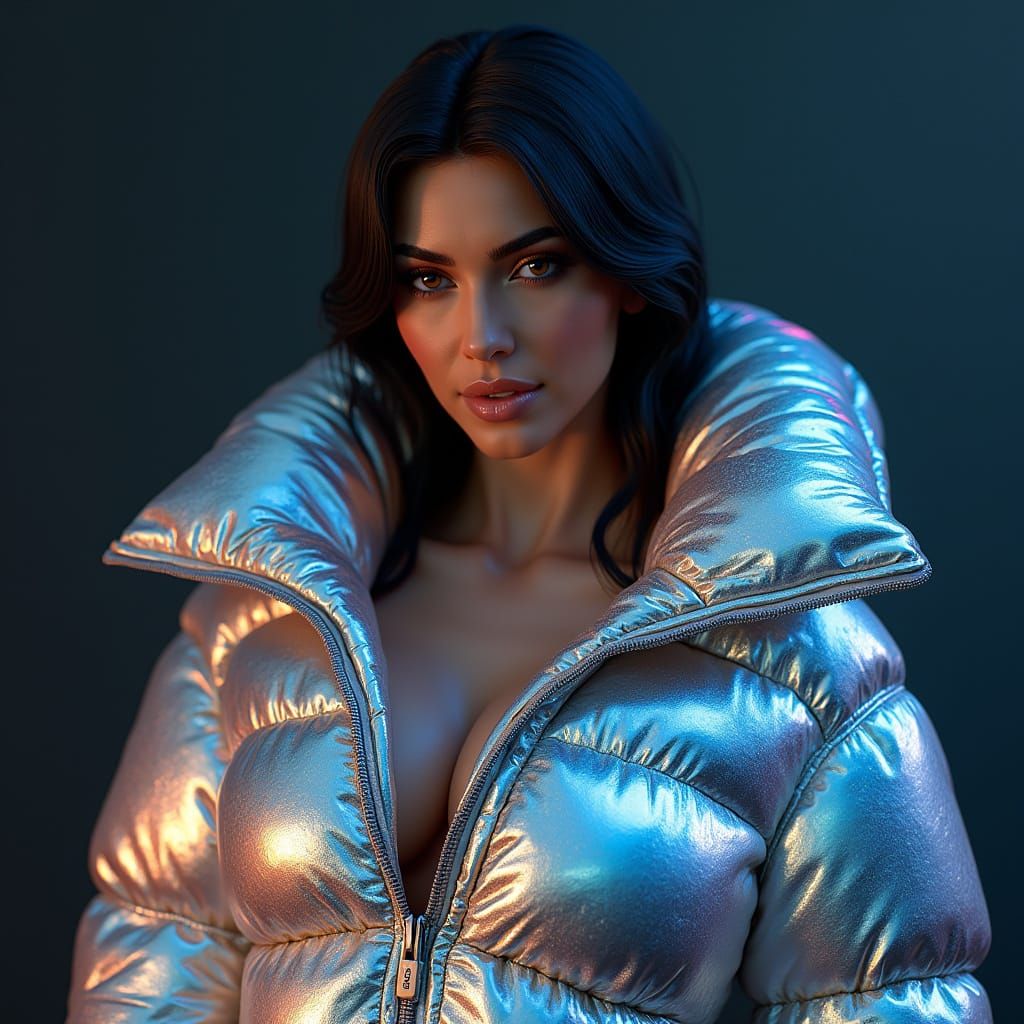 Glamorous, Futuristic Kim Kardashian in Metallic Puffer Jack...