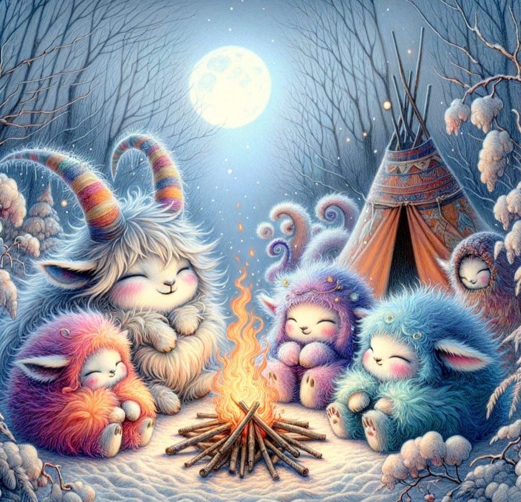 Fantasy Creatures Camping in Snowy Forest