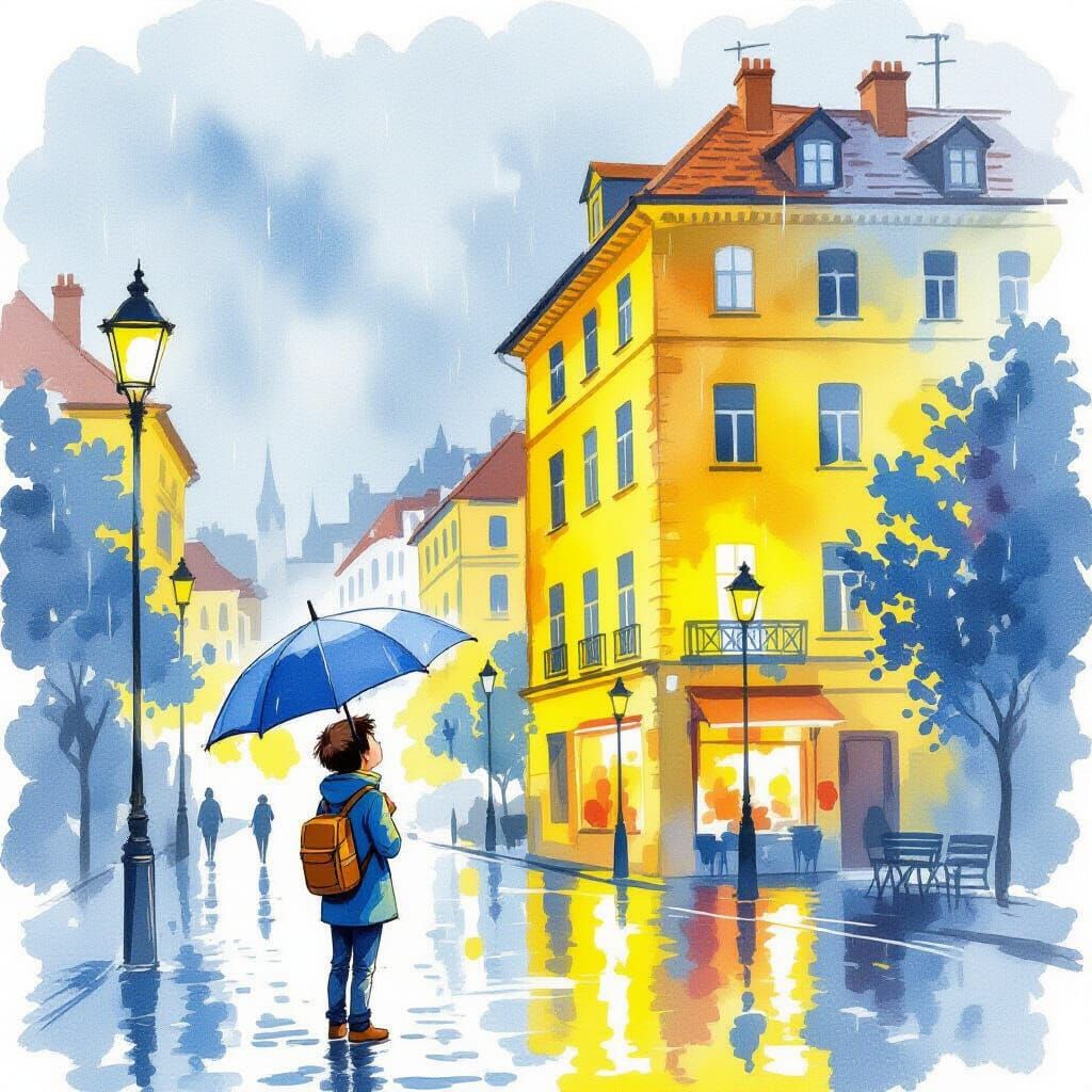 Blue and Yellow Cityscape with Boy and Umbrella in Watercolo...