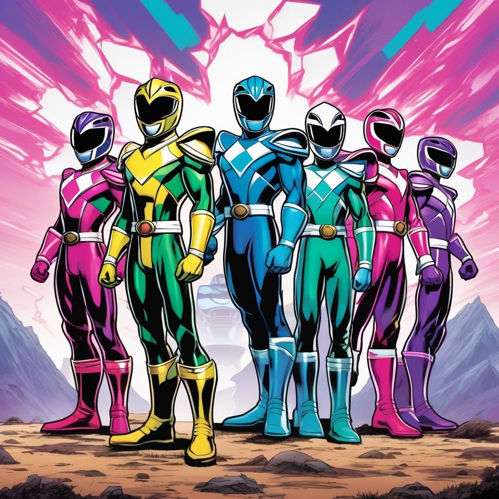Custom Power Ranger Team in Comic Book Art Style