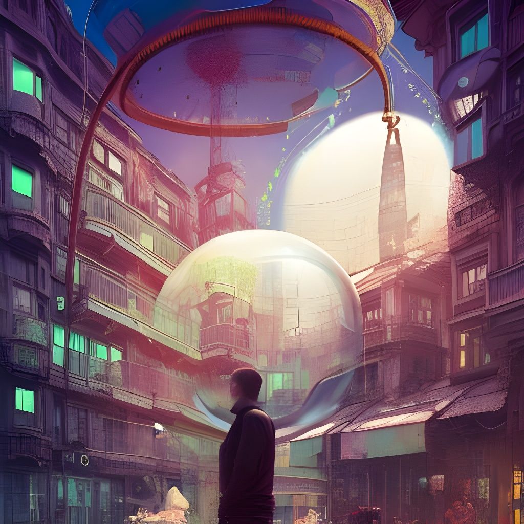 Steampunk City: People Trapped in Floating Bubble