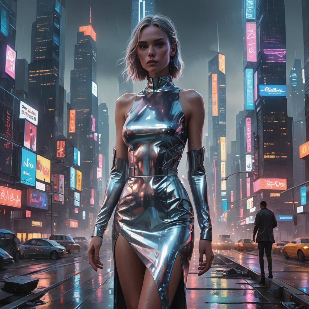 Girl in Silver Dress, Cyberpunk Cityscape