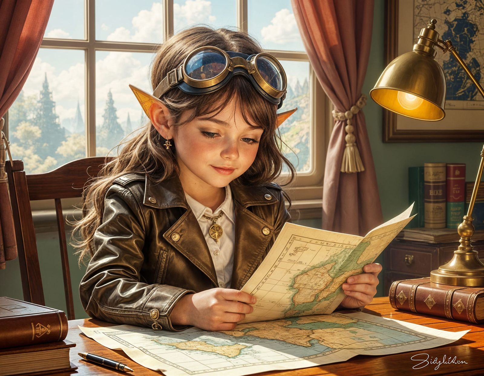 Little Elven girl dressed up like a pilot, looking at her ma...