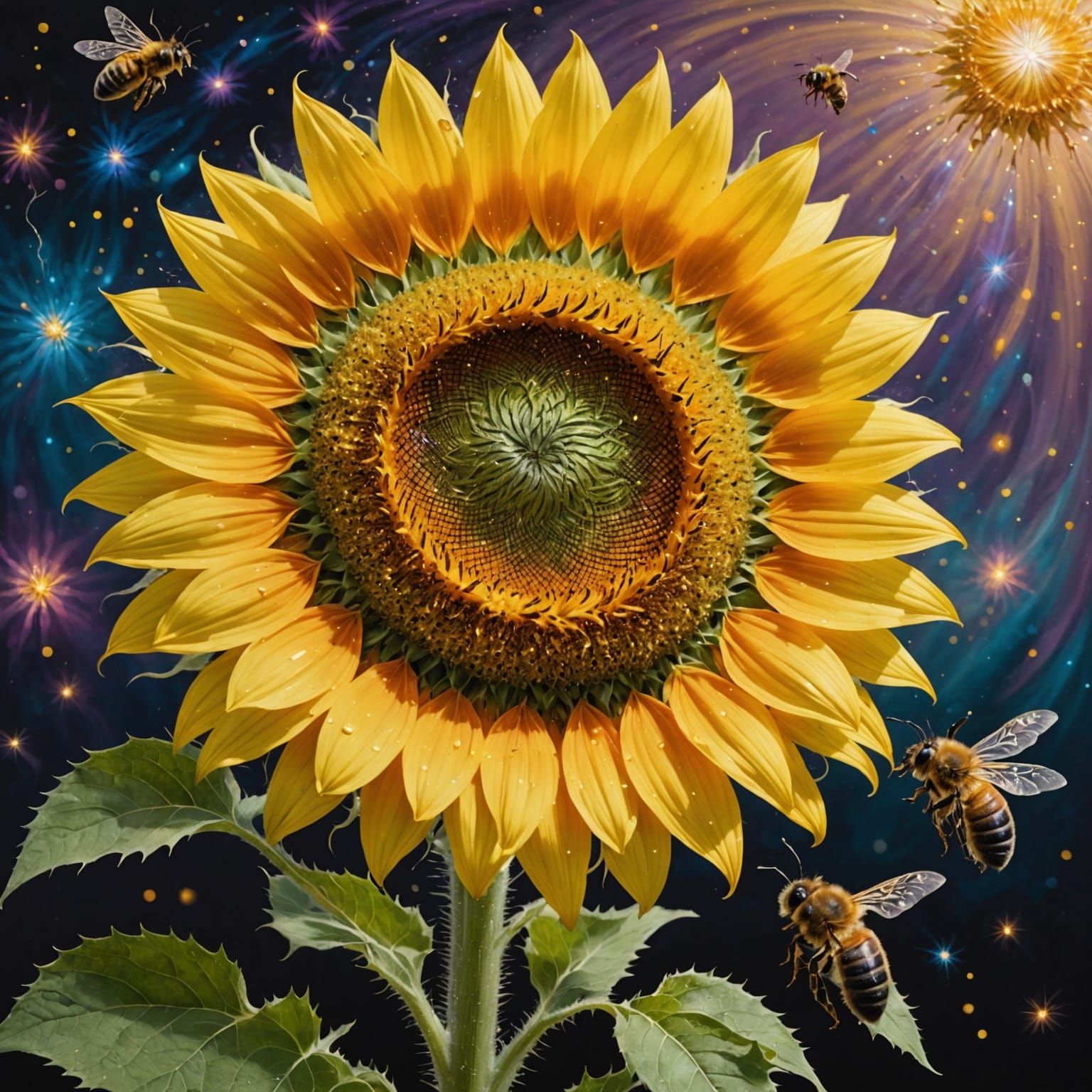 Hyperrealistic Sunflower with Honeybee in Ethereal Light