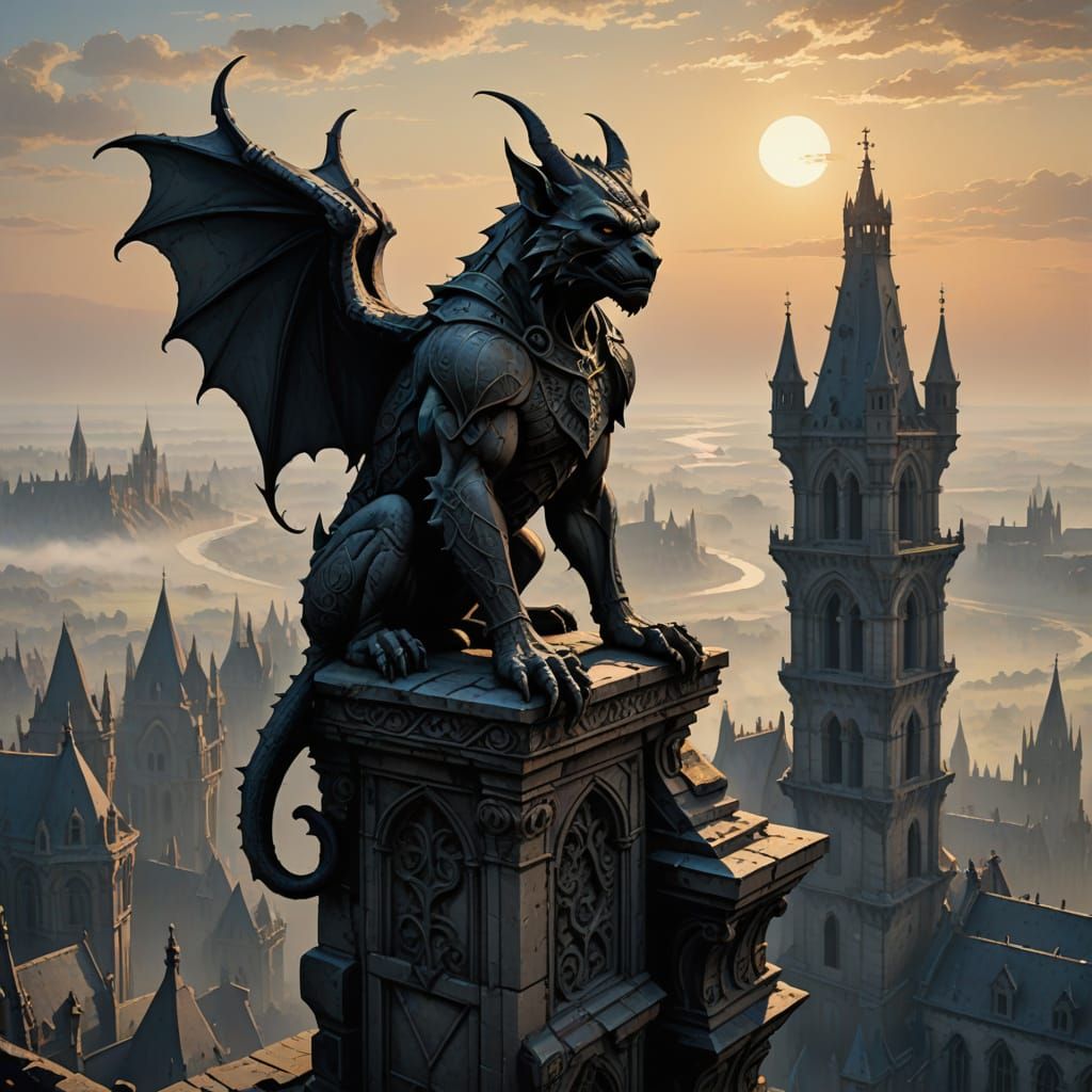 Gothic Gargoyle on Ruin in Dark Fantasy Style