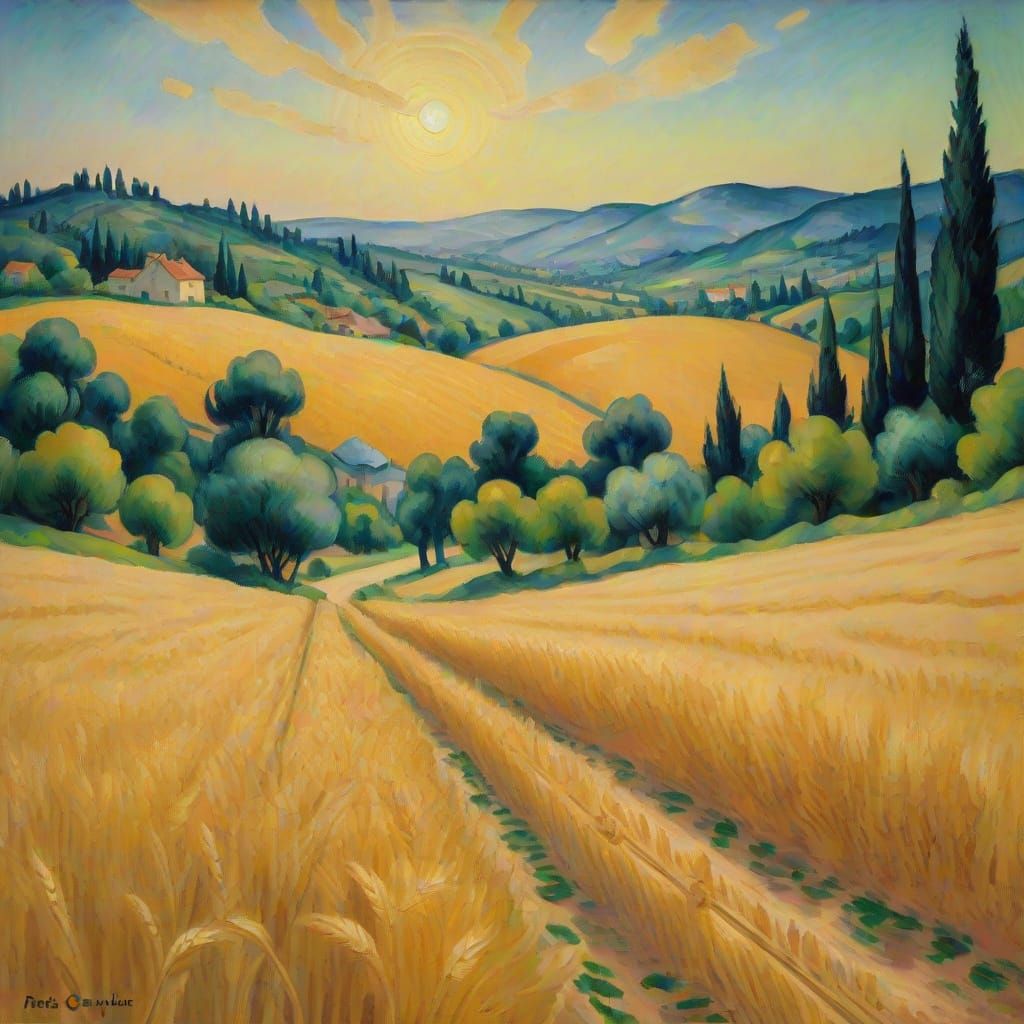 Wheat Field Landscape in Impressionist Oil Painting