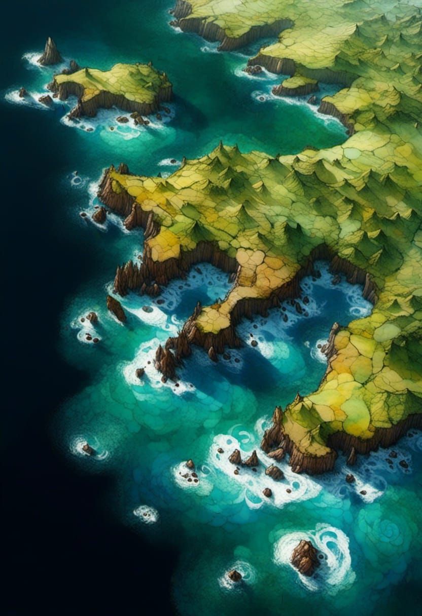 Surreal Cel-Shaded Coastline of Chile in Alcohol Ink