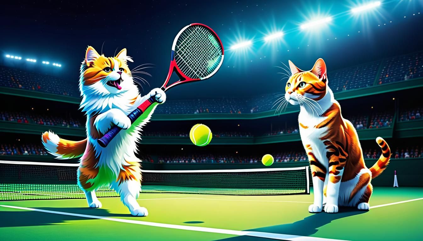 Dog and Cat Playing Tennis: Digital Concept Art