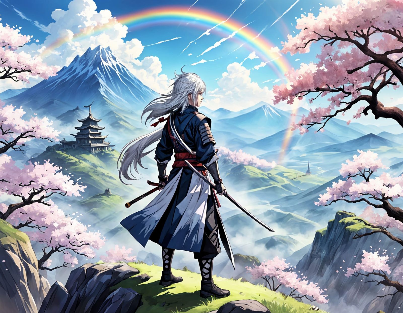 Samurai on Windswept Peak in Anime Style