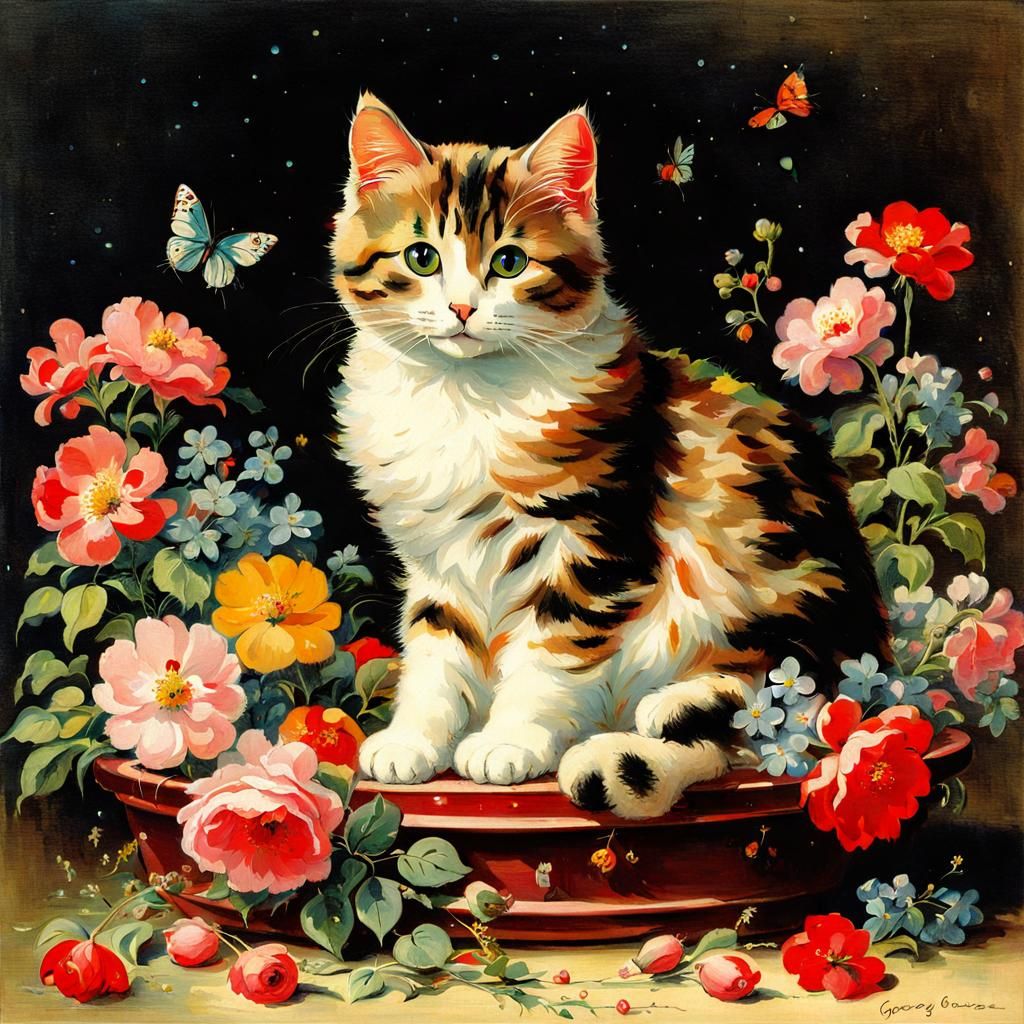 Cat Surrounded by Flowers in Art Nouveau Style