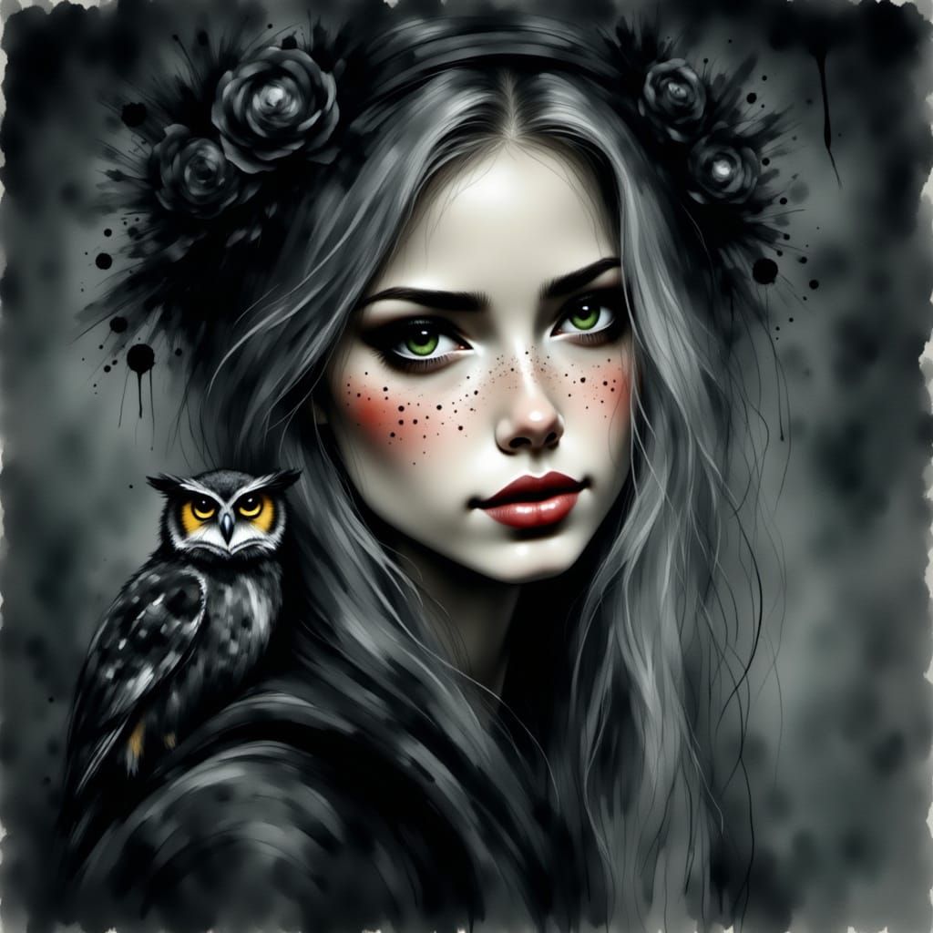 Stern Woman with Owl in Watercolour Acrylic Style