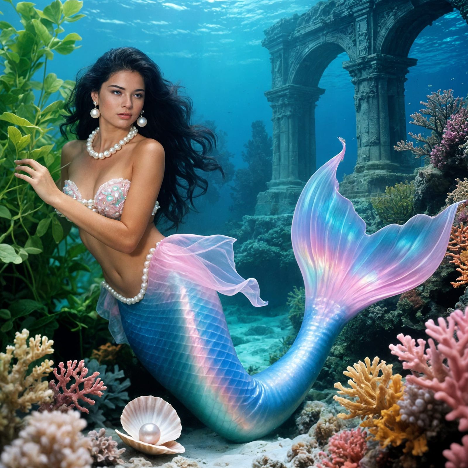 Mermaid in 90s Retro Style Amidst Atlantis Ruins