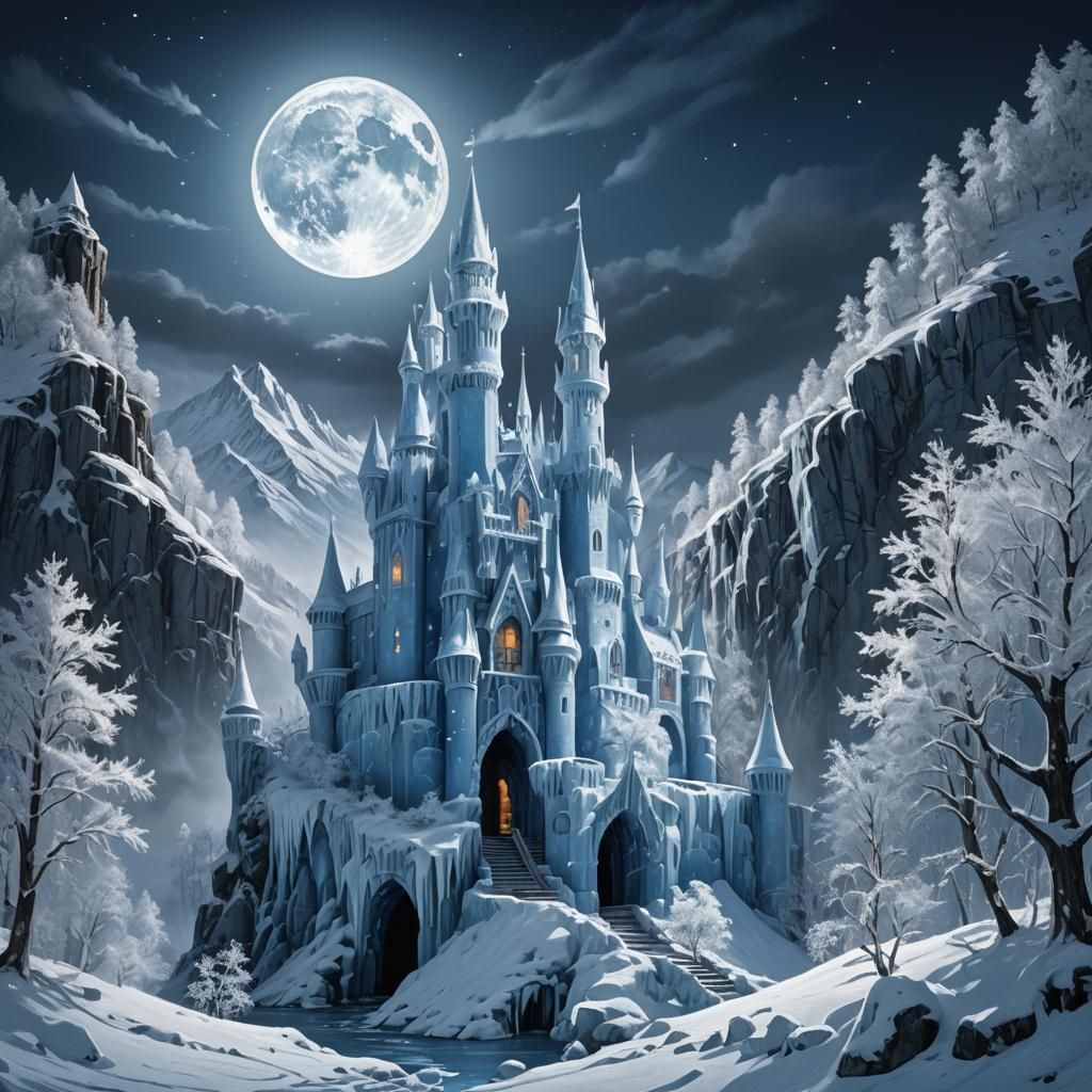 Majestic Ice Castle on Snowy Peaks: Fantasy Concept Art