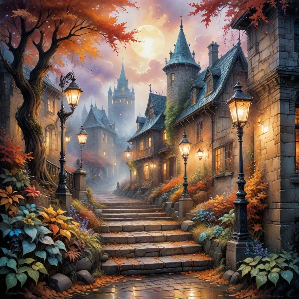 Autumn Staircase with Vintage Street Lamps