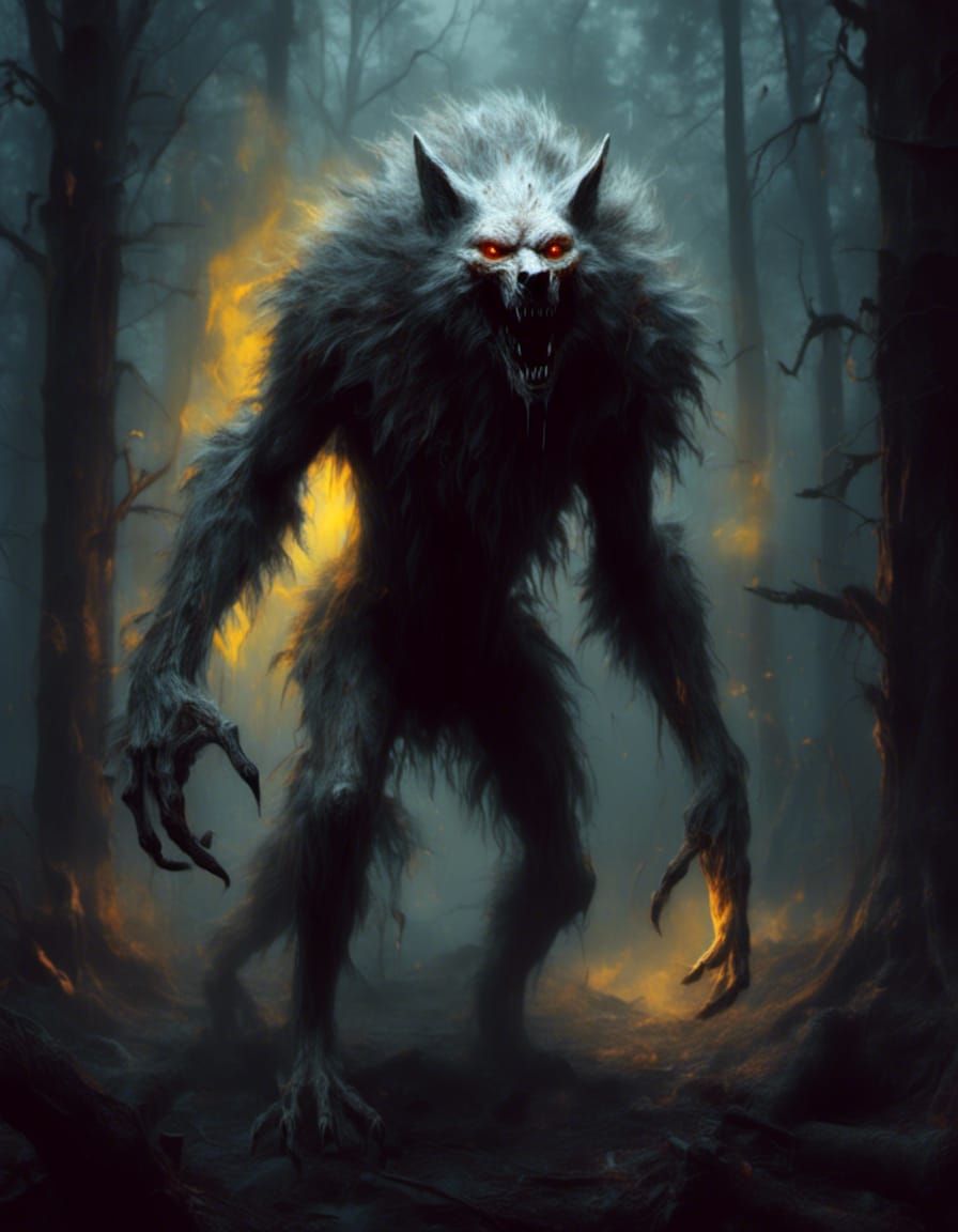 Albino Werewolf Howling in Foggy Forest