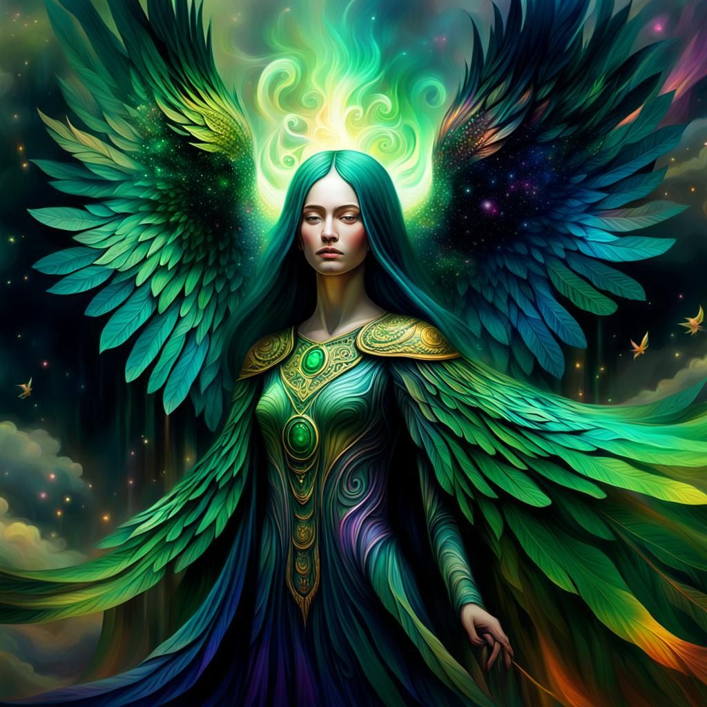 Vibrant Cosmic Landscape with Holographic Astral Entities