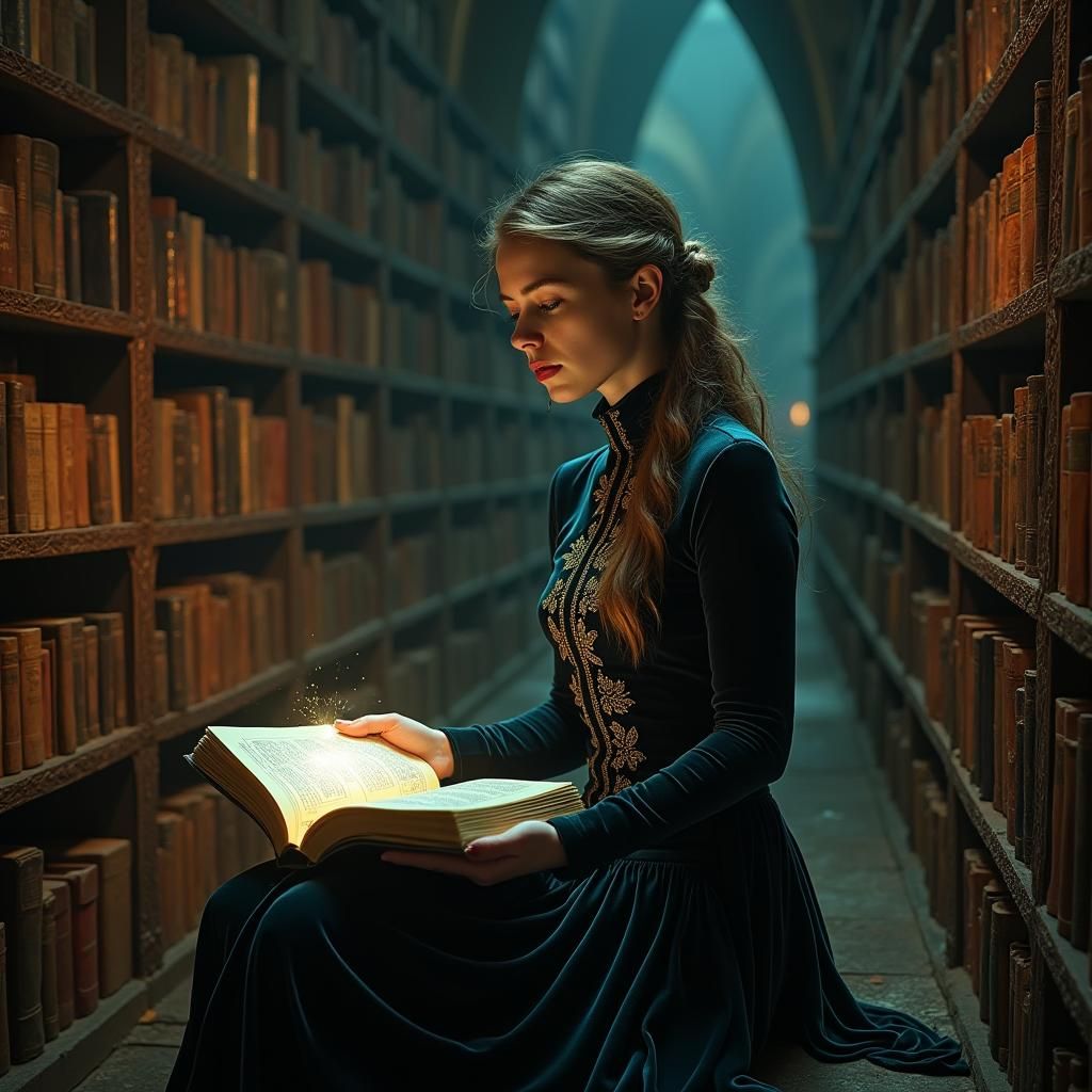Contemplative Woman in Mystical Library