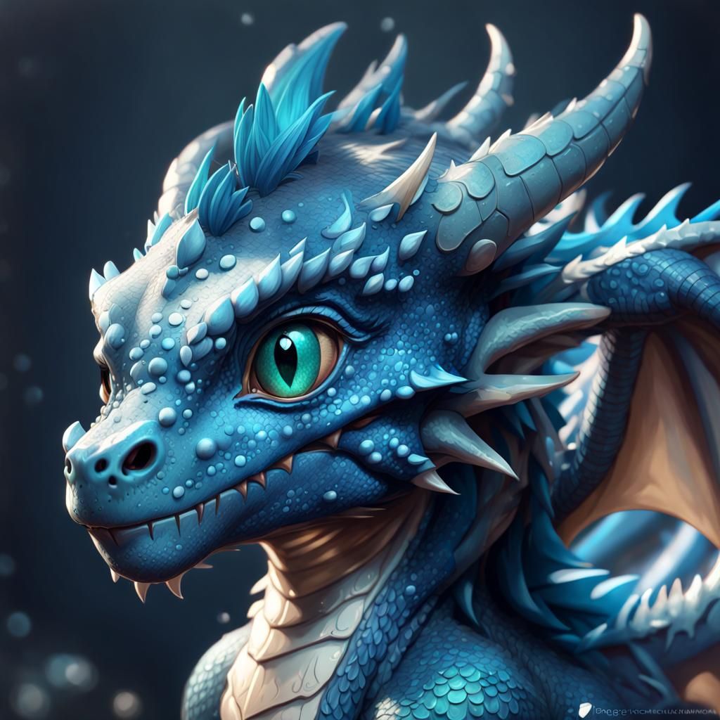 Cute Blue Dragon Portrait in Hyperdetailed Style