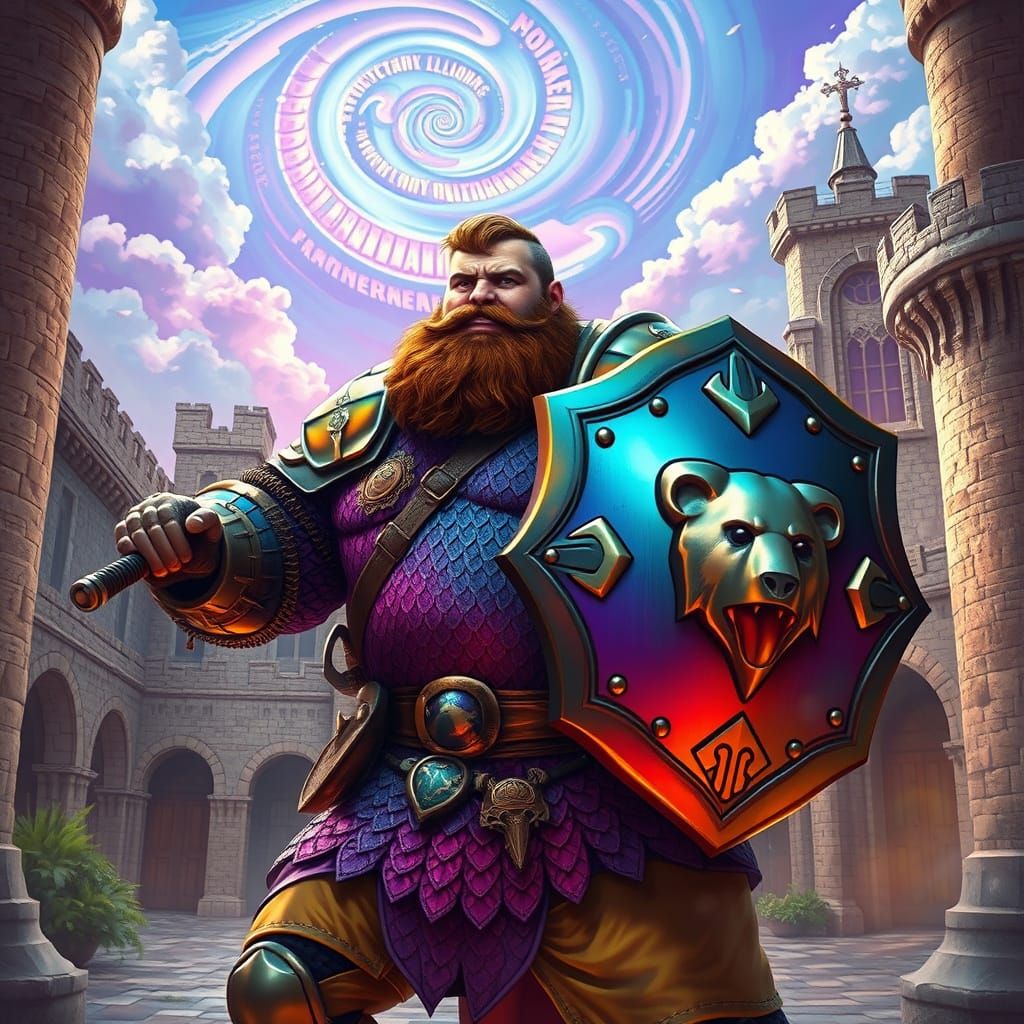 Rainbow Knight Battles Under Psychedelic Sky