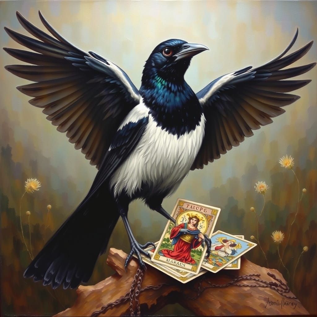 Mystic Magpie with Tarot Cards in Oil Painting