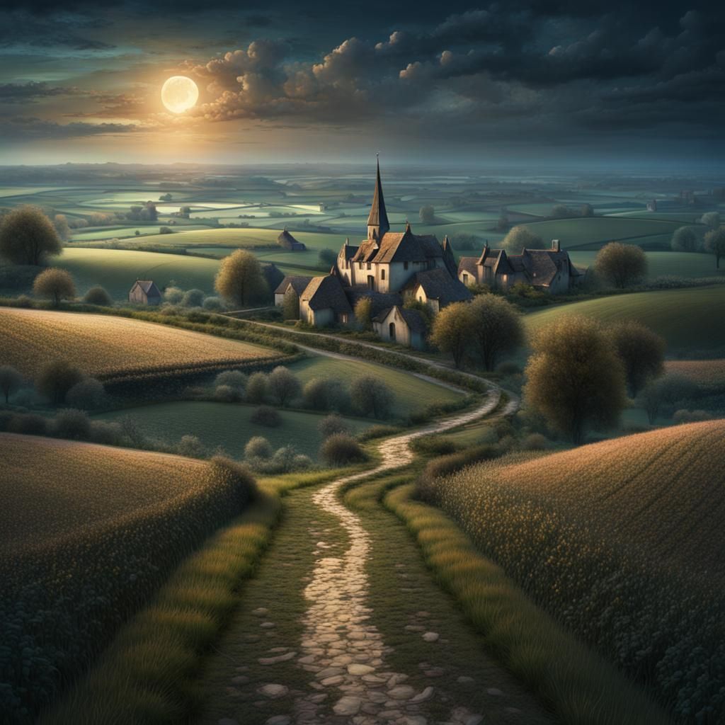 Winding Path Through Normandy Fields at Night