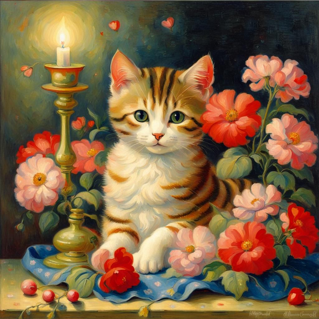 Neo-Impressionist Painting of a Whimsical Feline