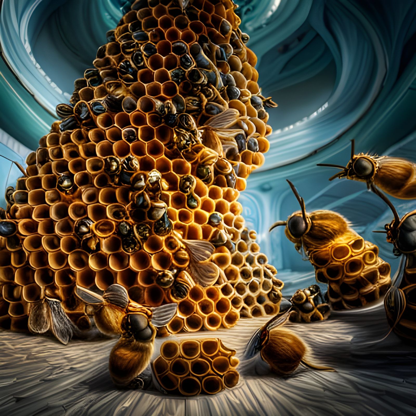 Humanized Bees Playing Cards Inside a Beehive
