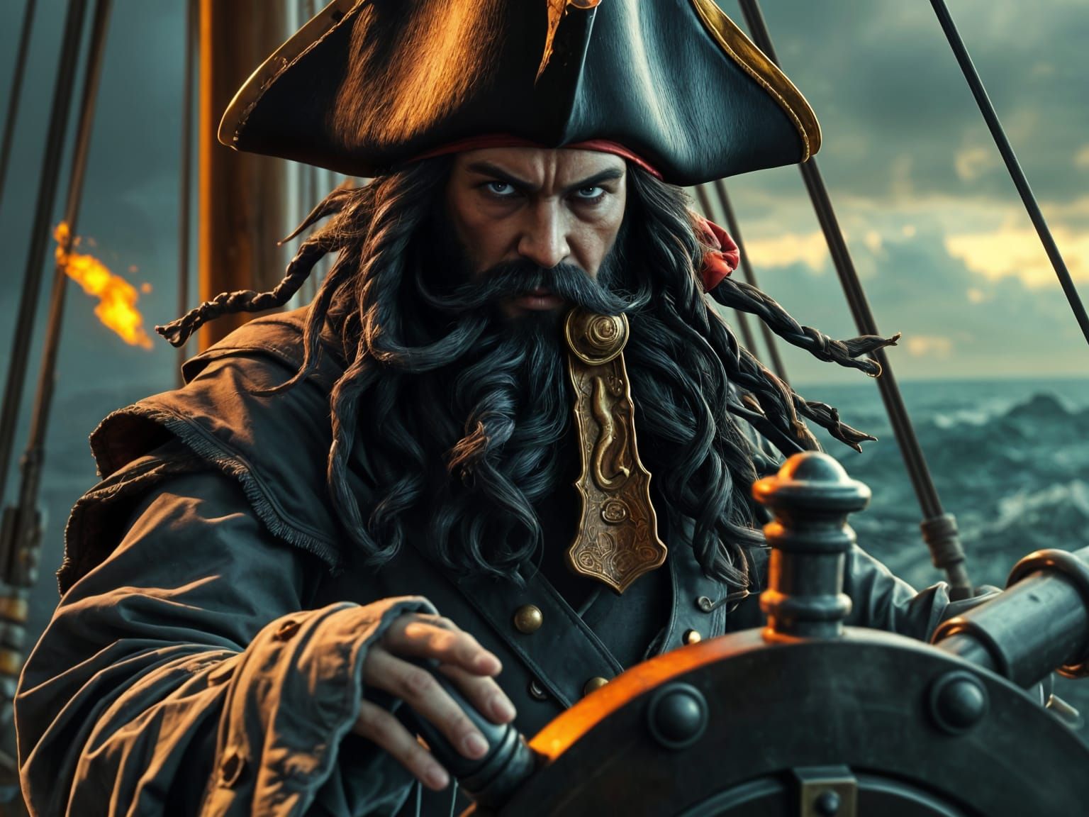 Pirate Captain at the Helm in Hyper-Realistic Style