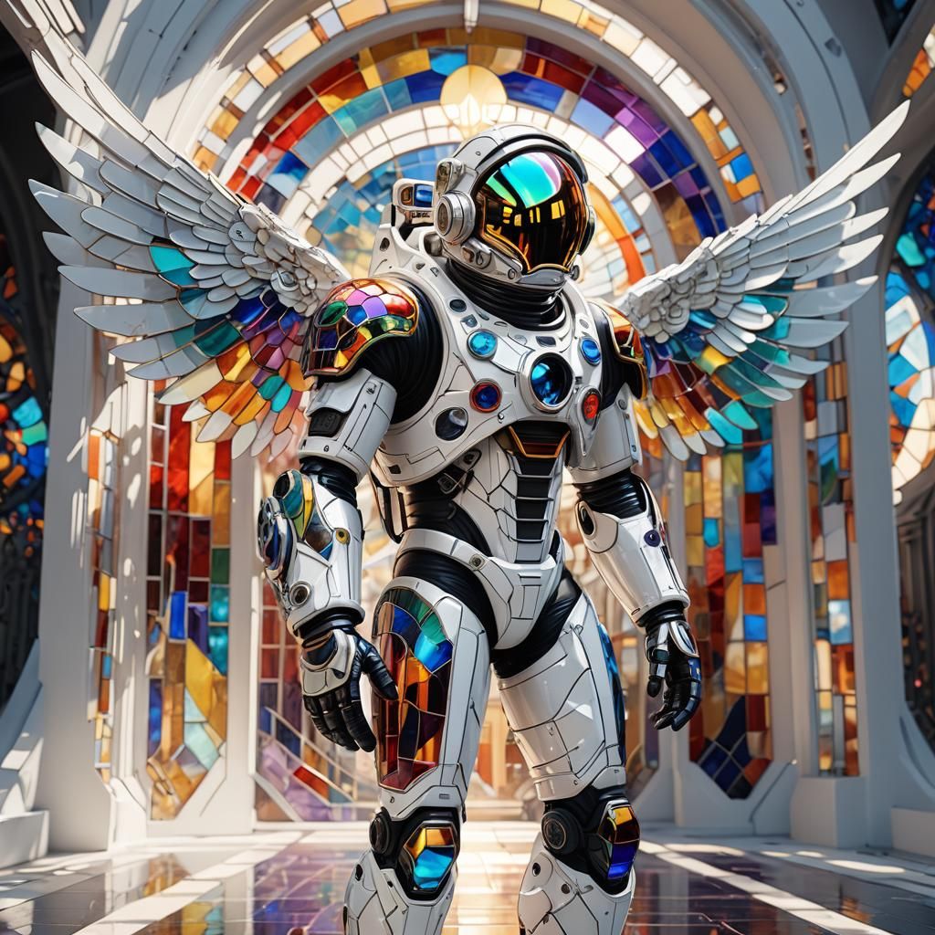 Biomechanical Astronaut with Stained Glass Wings