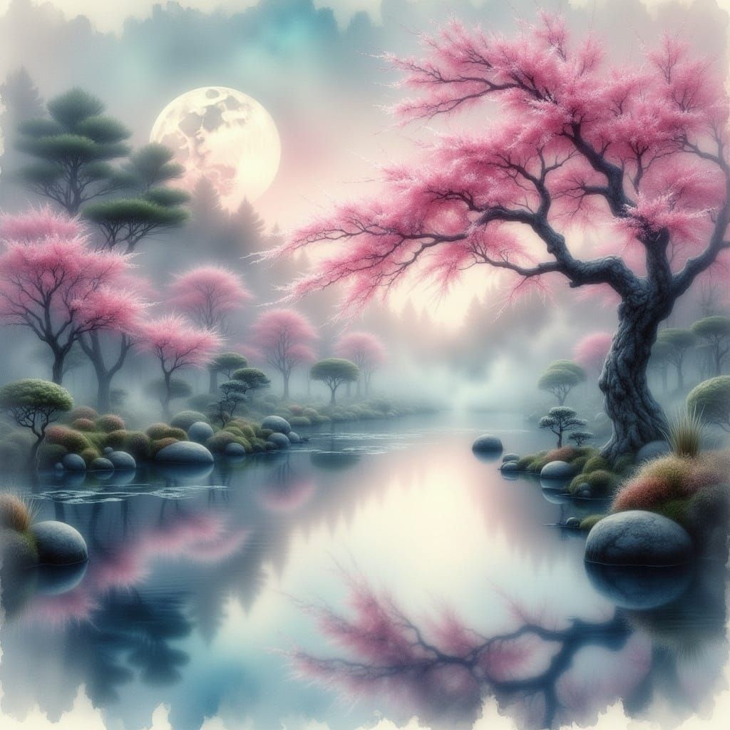 <lora:Ethereal Watercolor:1.0>
Oriental art Sakura cherry blossom tree in the mist under a full moon beautiful reflectio...